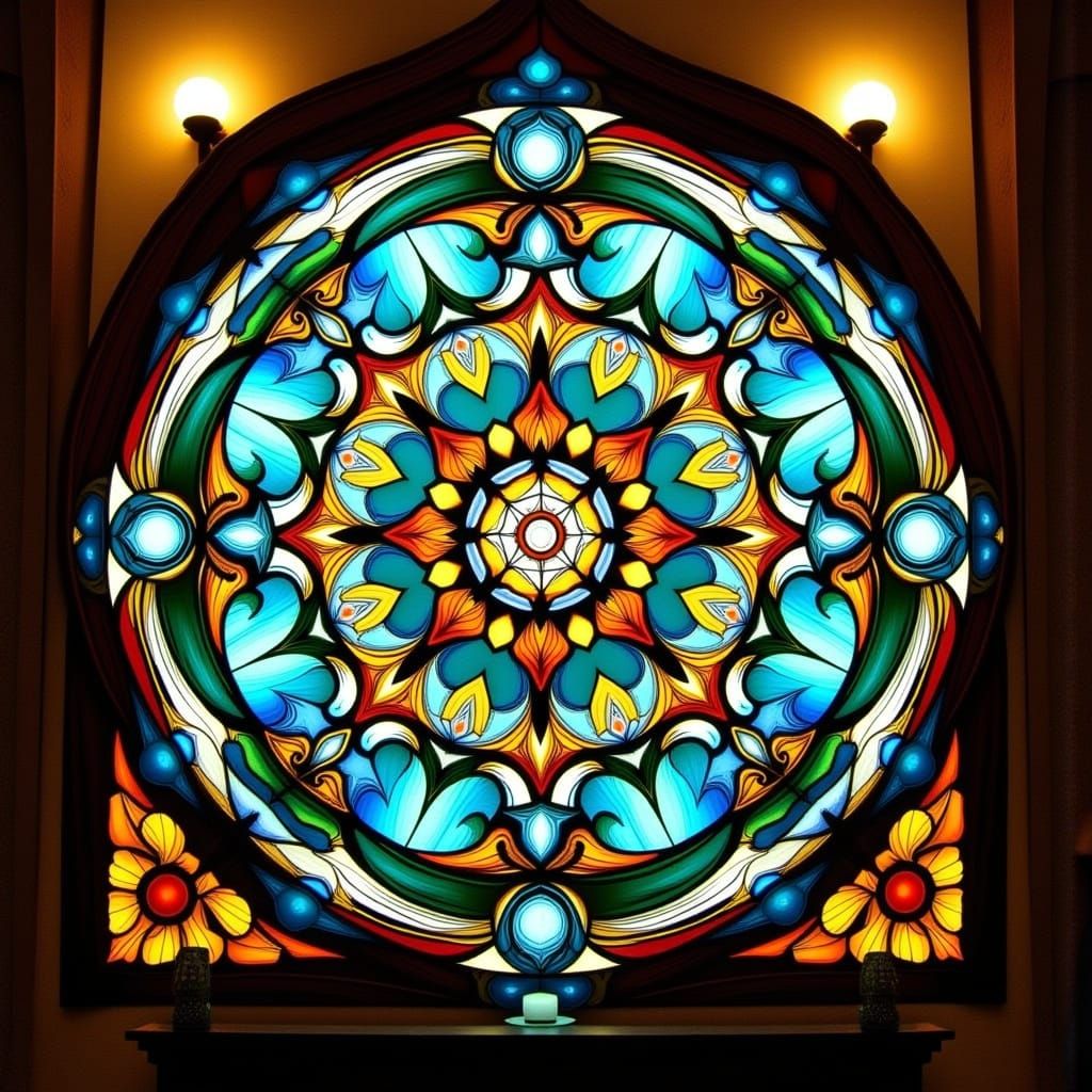 Art Deco Stained Glass Window in Surreal Style