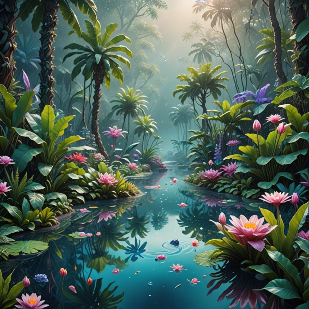 Ethereal Water Garden in Vibrant Oil Painting Style