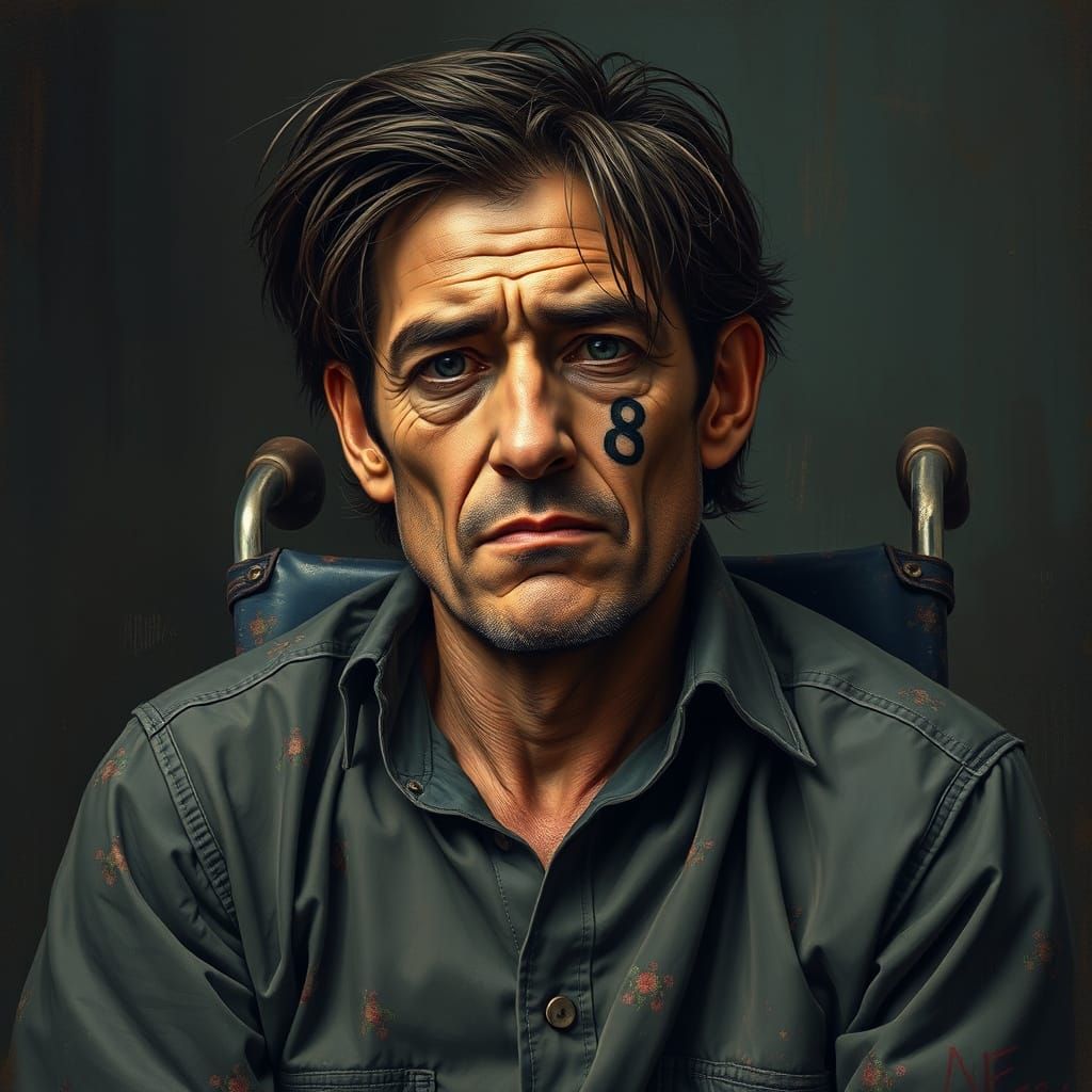 Man in Distressed Wheelchair with Tattooed Number 8 and Long...