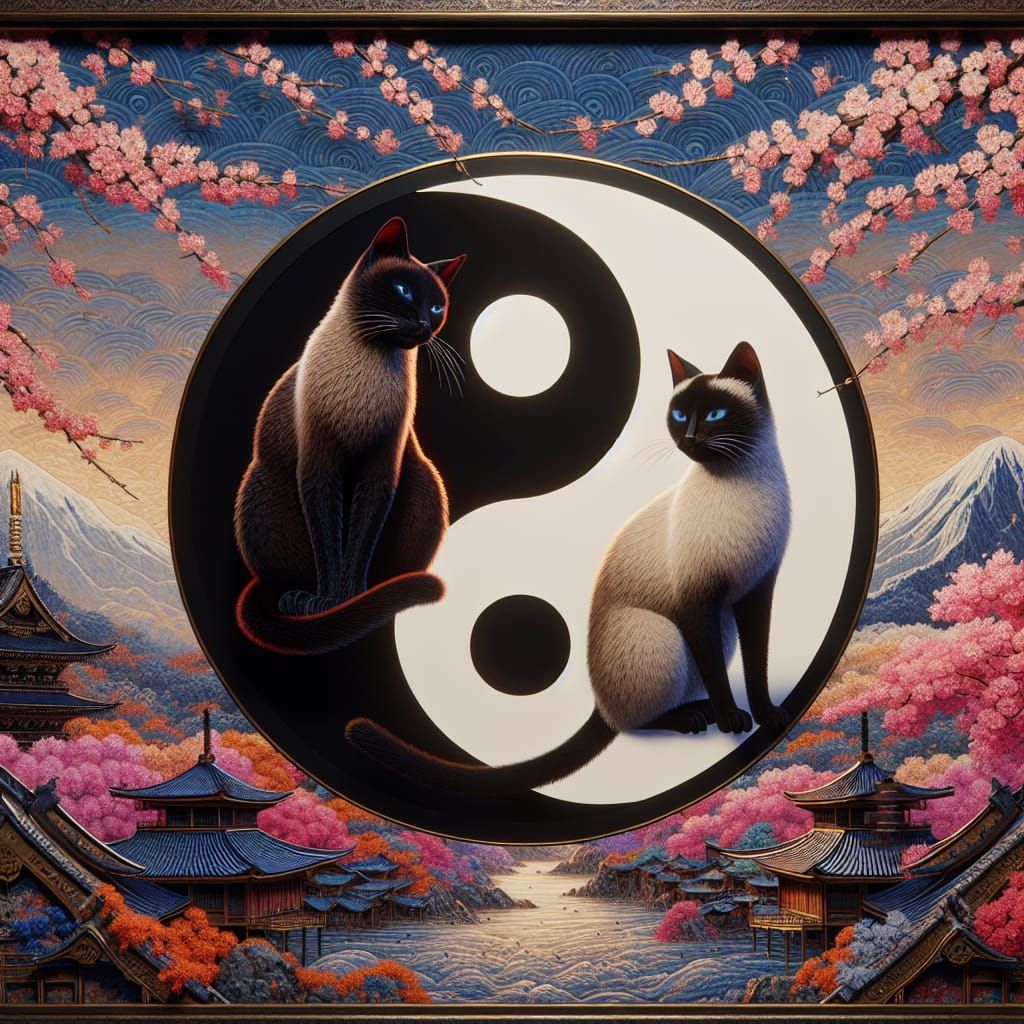 Yin-Yang Siamese Cats in Japanese Blossom Landscape