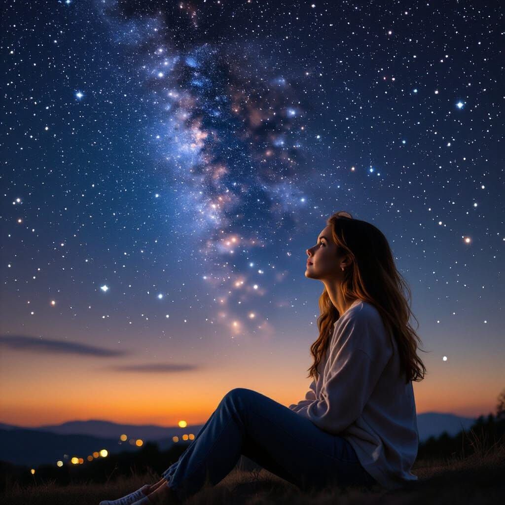 Woman Gazing at Stars, Dreaming of Future