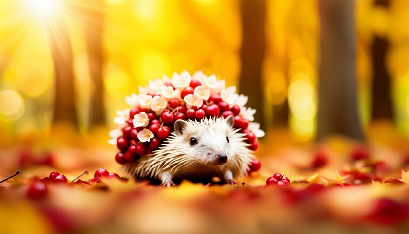 Cherry Blossom Hedgehog in Autumn Forest, Photography