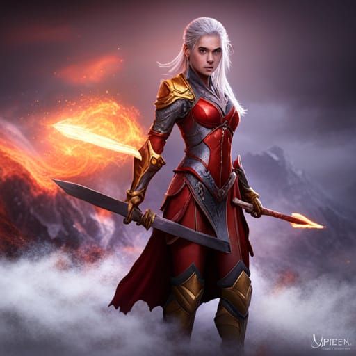 Elf Knight with Flaming Sword Fantasy Concept Art