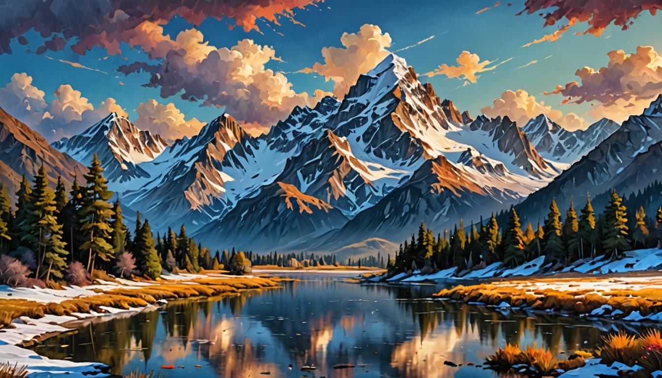 Mountain Range with Pond in Impasto Style