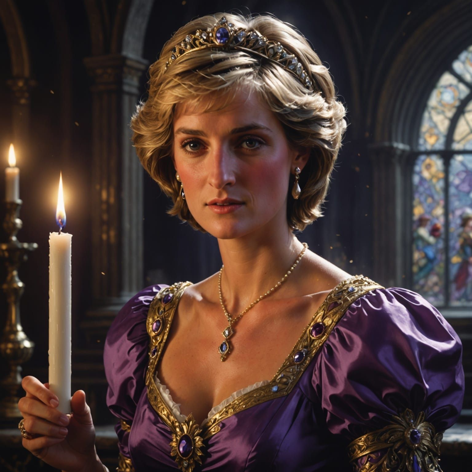 Princess Diana holding a single white candle while the wind ...