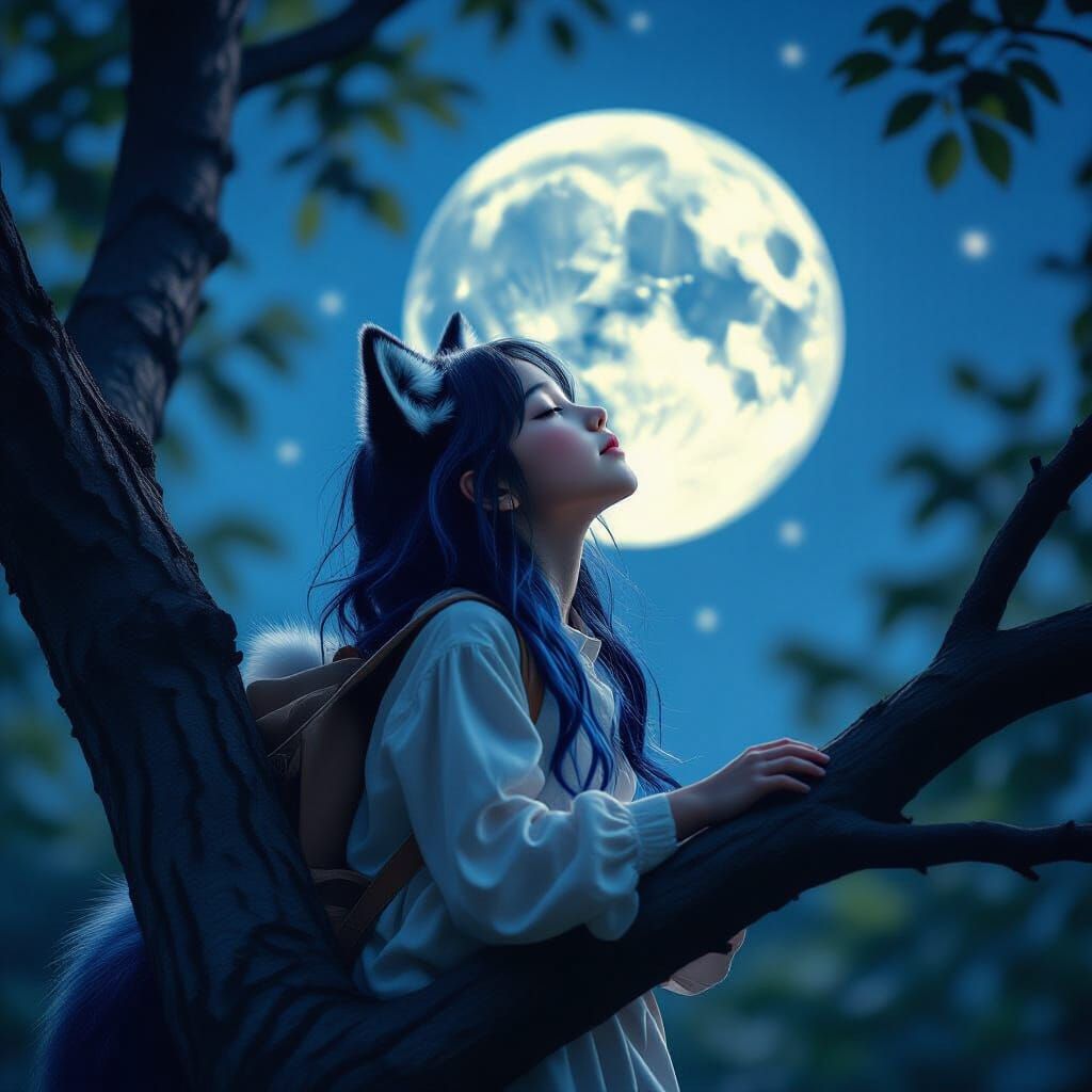 Blue-Haired Wolf Girl Howling at Moon