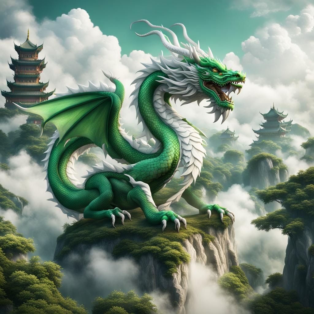 Majestic Green and White Chinese Dragon Art