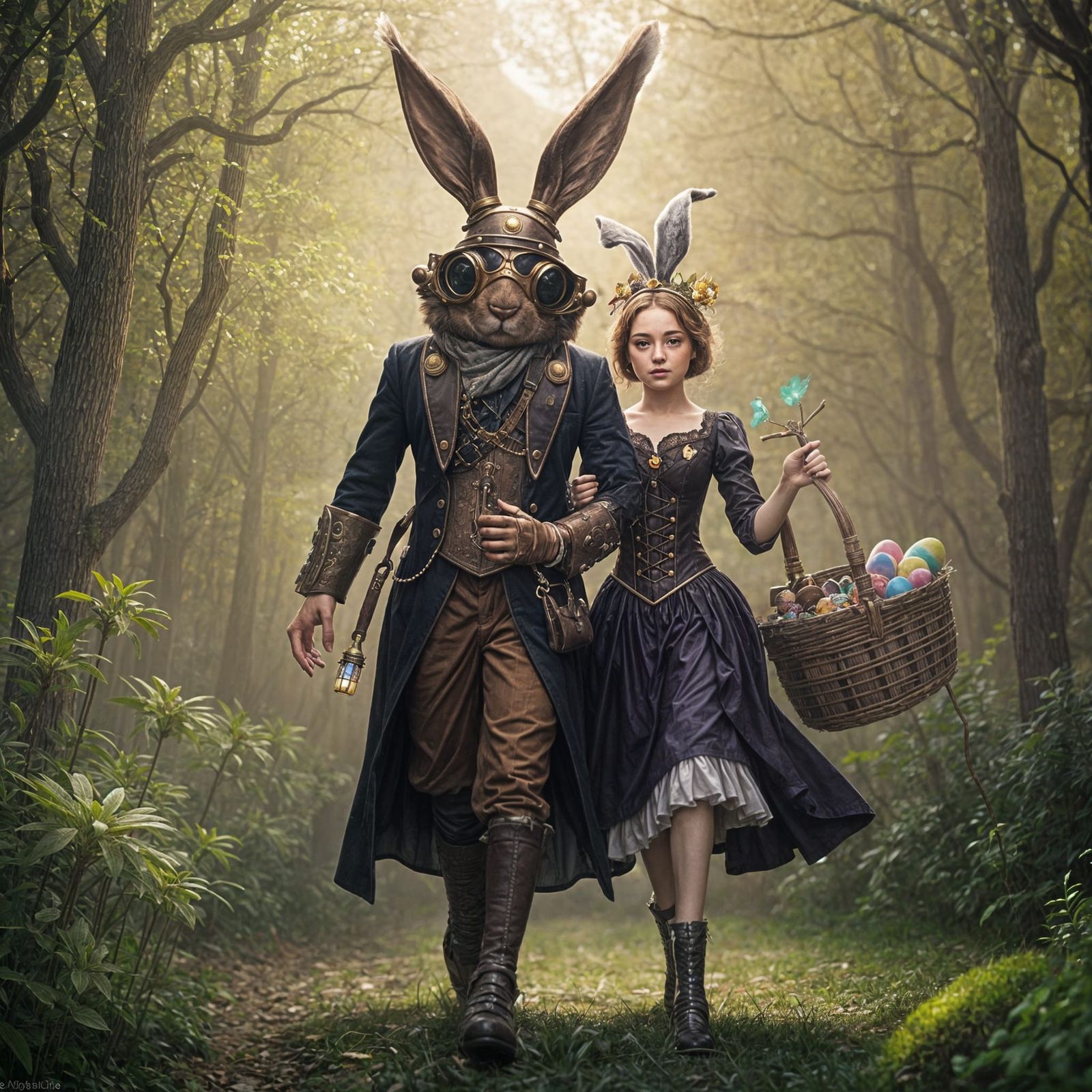 Whimsical Easter Bunny Strolls with Young Girl in Moonlit Ga...