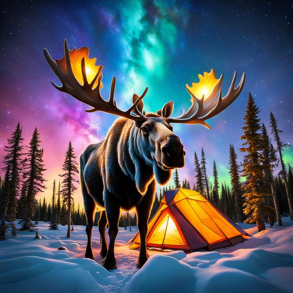 Moose Gazing at Northern Lights Starry Sky