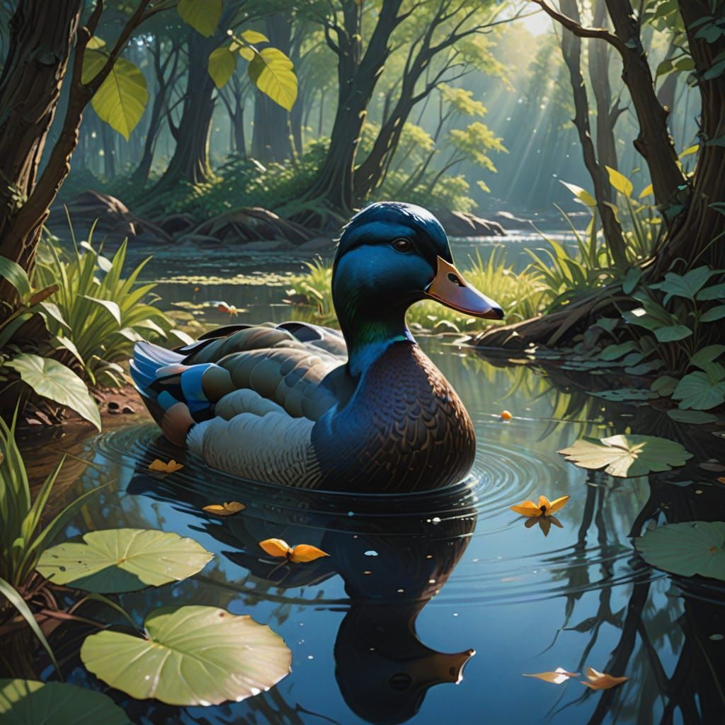 Surreal Blue Duck Approaches a Serene Pond in Hyperrealistic...