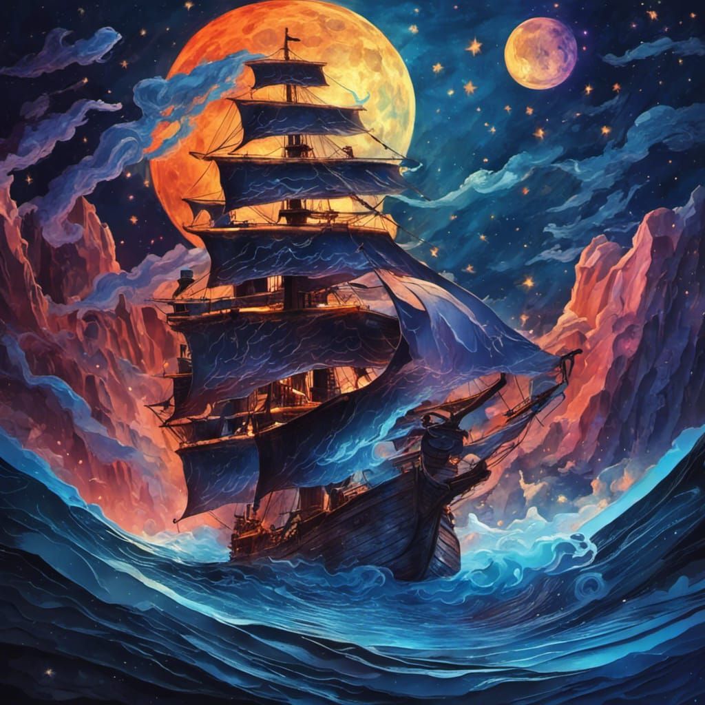 Mystical Papercraft Pirate Ship on Cosmic Seas
