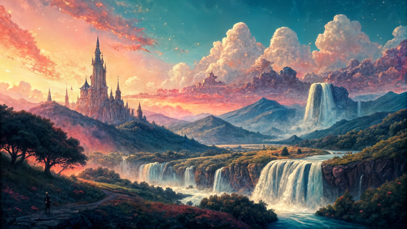 Magical Landscape with Shimmering Waterfalls, Fantasy Art
