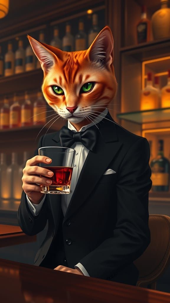 Elegant Cat Sits at Upscale Bar in Noir-Inspired Ambiance