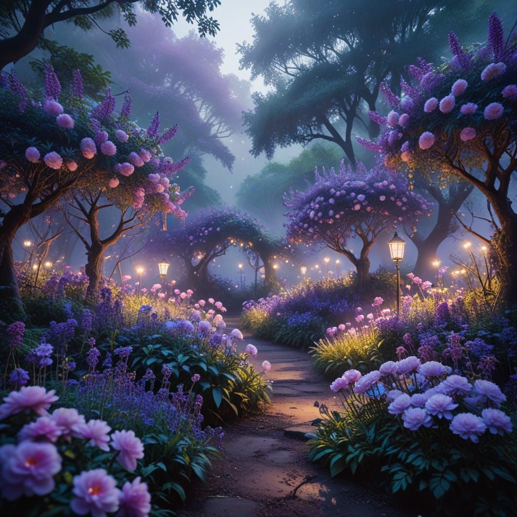 Mystical, Realistic Garden in Vibrant Purple Hues