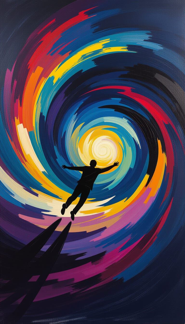 Person Falling Through Swirling Void in Abstract Expressioni...
