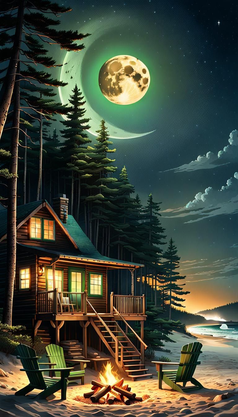 Nighttime Beach Cabin with Campfire in Anime Style
