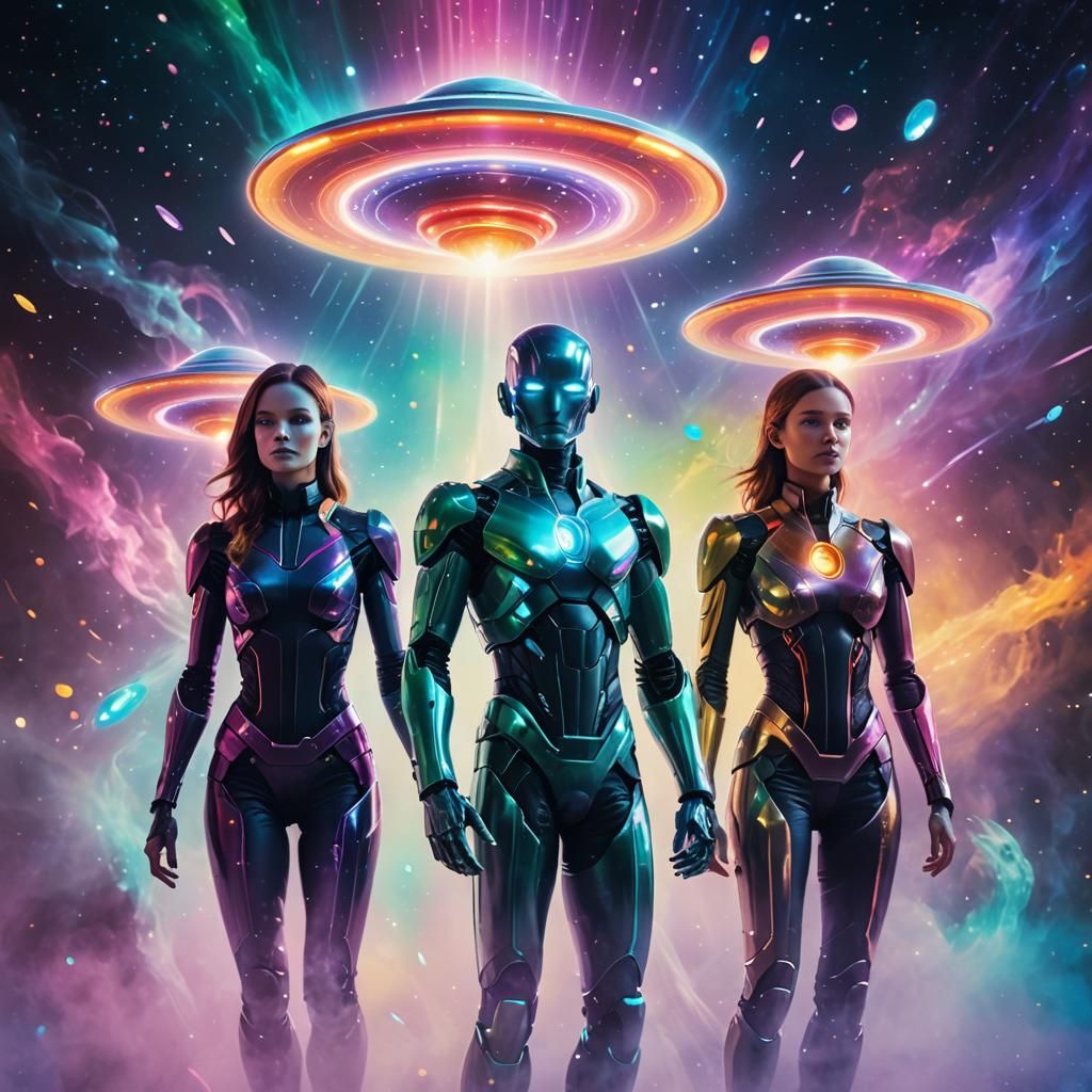 Androids in Liminal Space with Flying Saucer