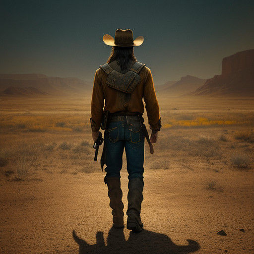 Epic Western Cowboy Stands Beside Lost Pistol in Golden Hour