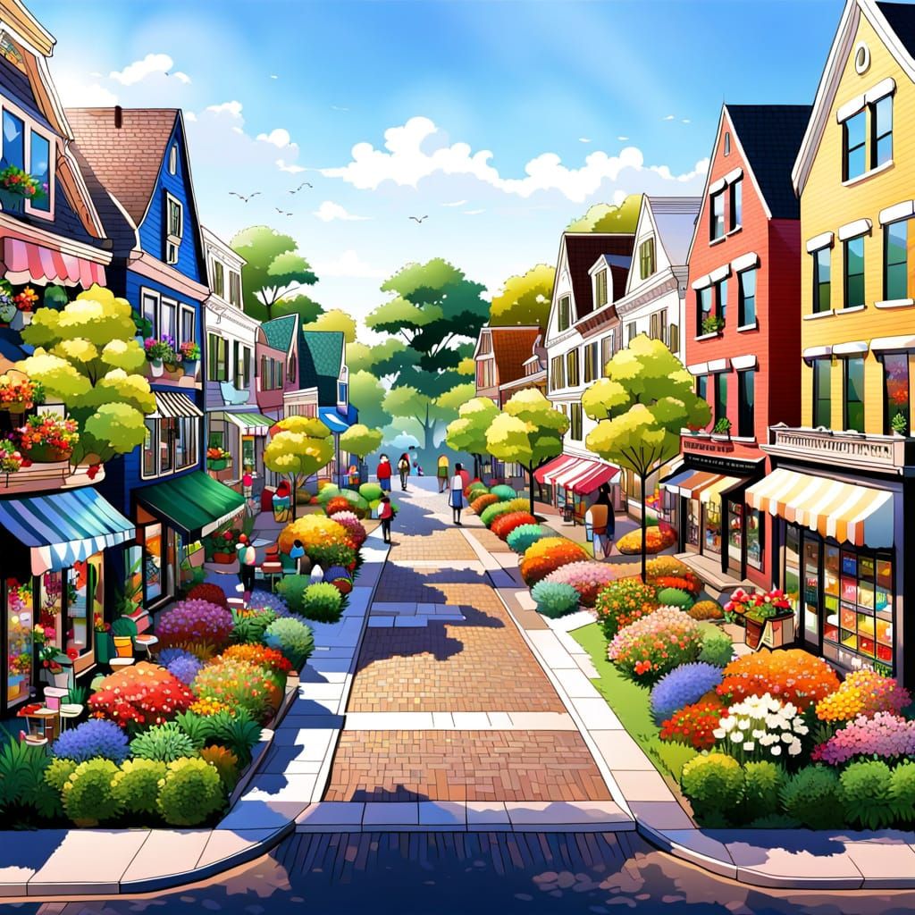 Vibrant Urban Landscapes with Colorful Neighborhood Storefro...