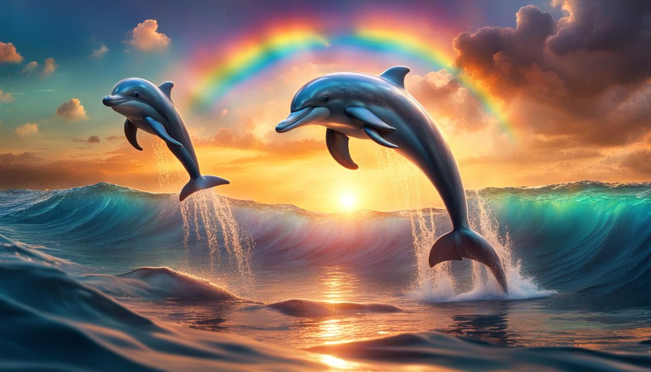 Rainbow Sunset over Ocean with Dolphins and Mermaids