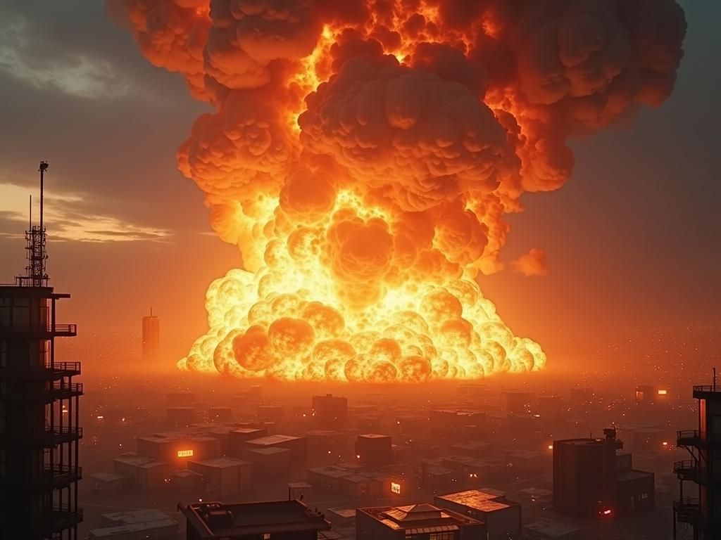 Exploding Gas Station Viewed From Skyscraper Balcony