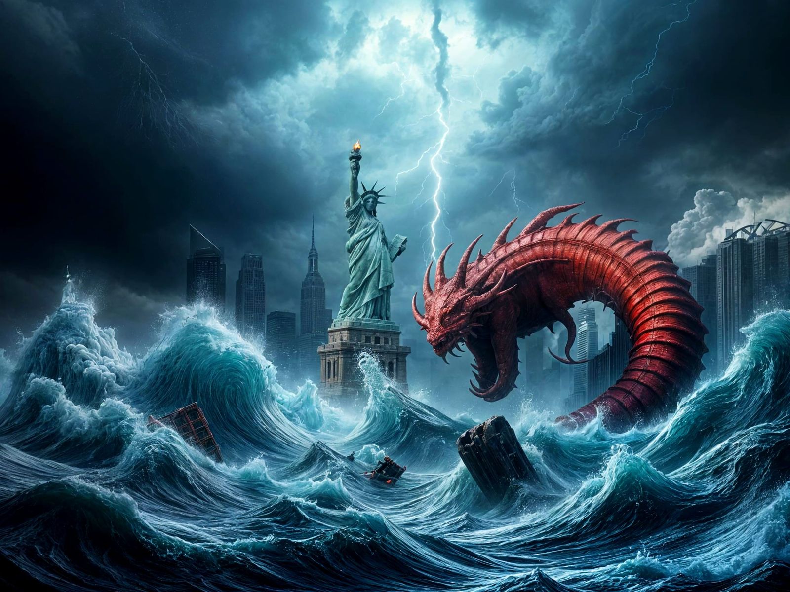 Giant Red Monsterkraken Engulfed Metropolis in Dark Stormy S...