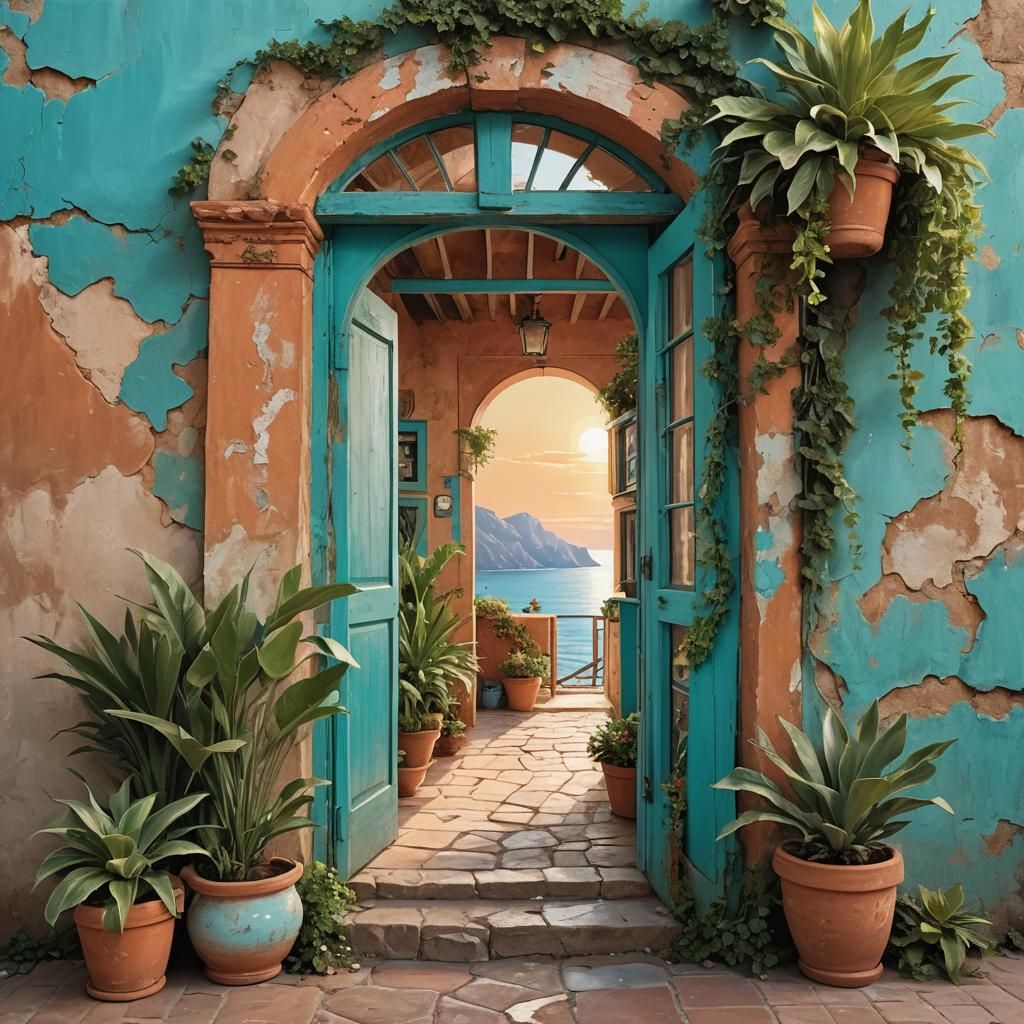 Picturesque Coastal Scene Through Turquoise Doorway