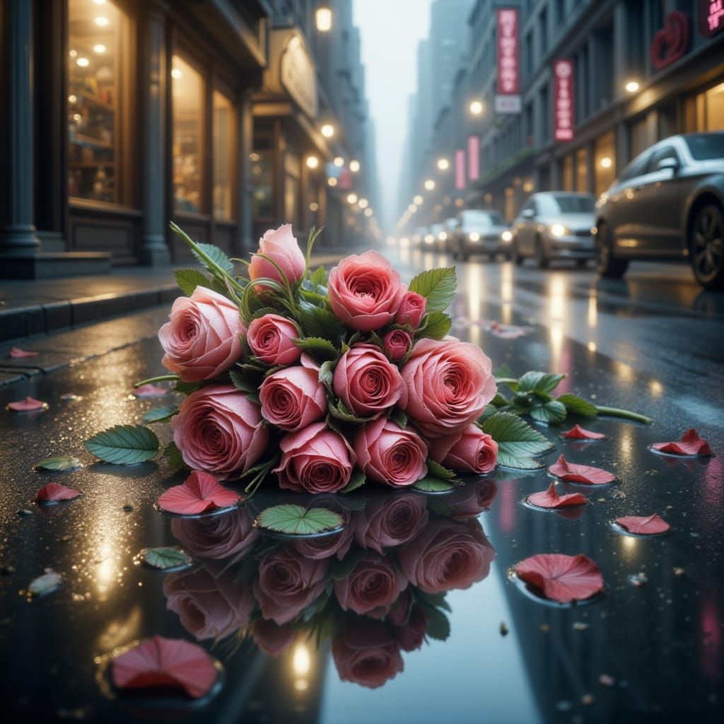 Bouquet of Roses on Wet Sidewalk