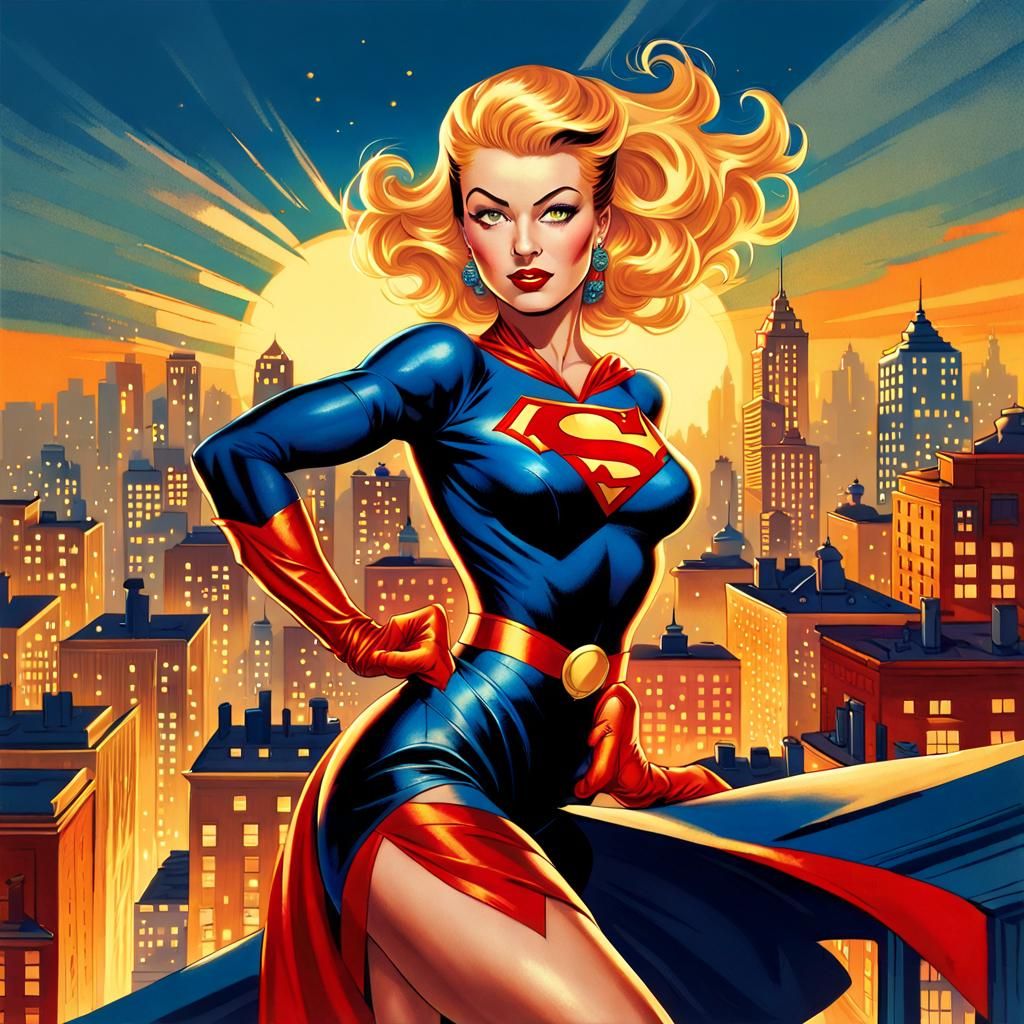 Dynamic Superheroine Pin-Up in Pop Art Style