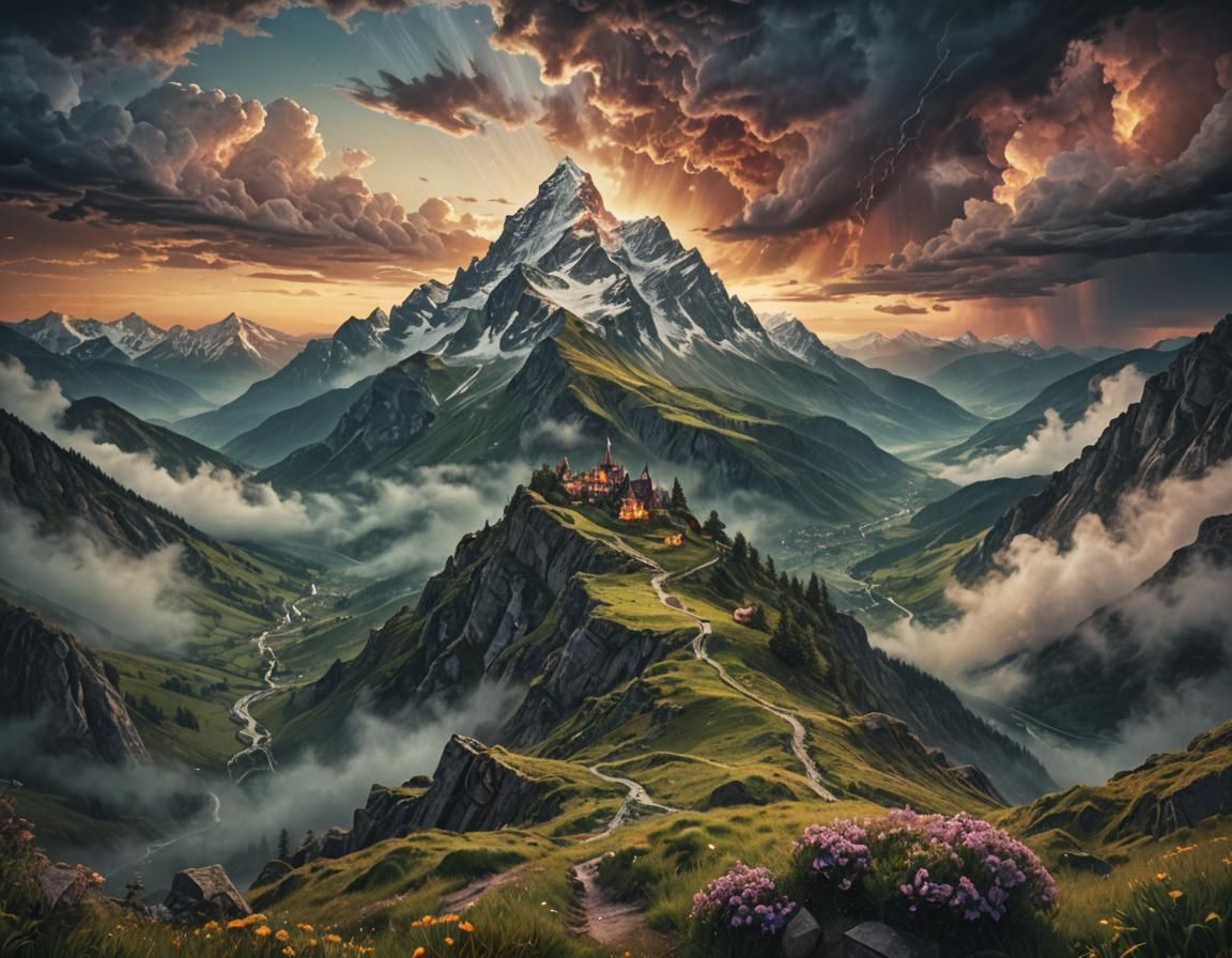 Majestic Spring Mountain Landscape at Sunset