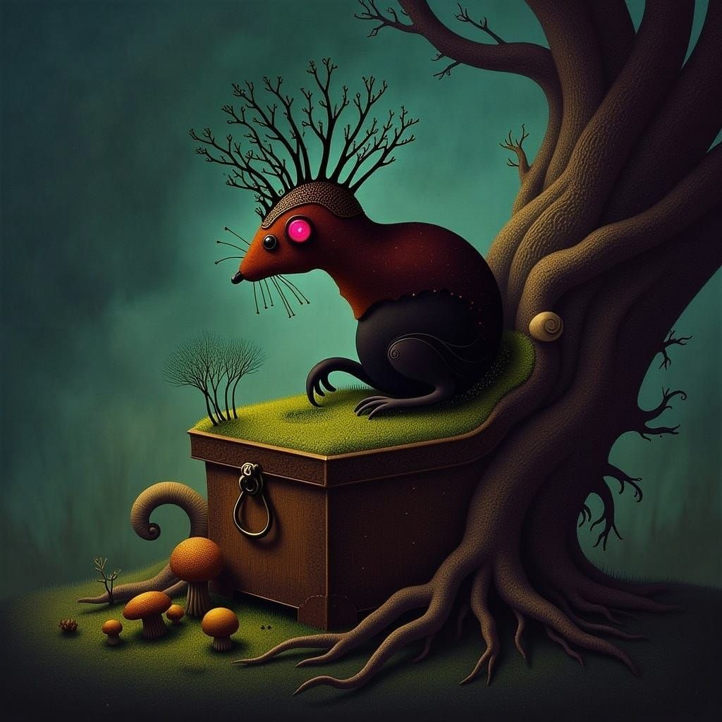 Opossum King on Treasure Chest in Enchanted Forest