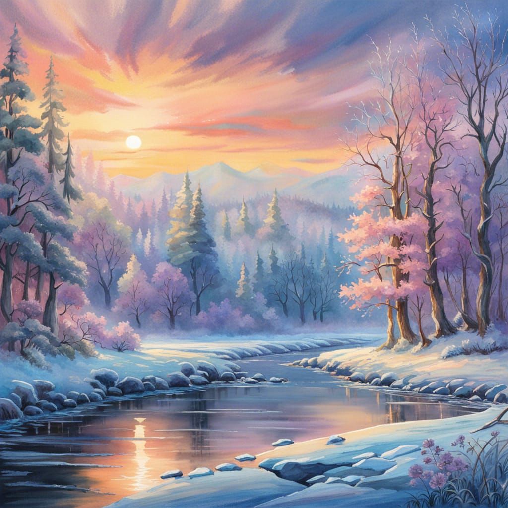 Pastel Winter River Scene in Watercolor Style