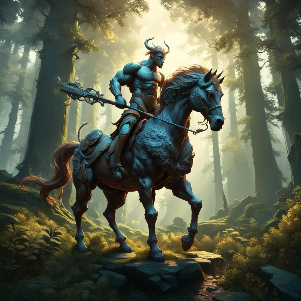Heroic Centaur in Dark Fantasy Forest, Detailed Digital Art