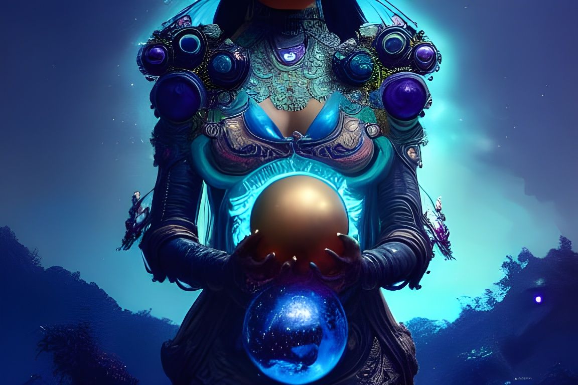 Cosmic Cyber Goddess Holding Magic Orb