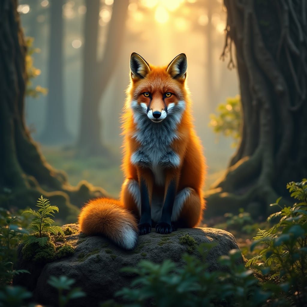 Majestic Red Fox in Misty Forest at Dawn