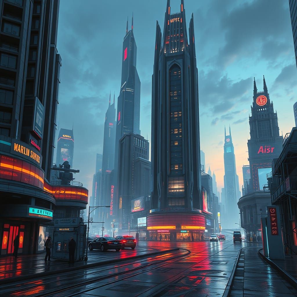 Futuristic Metropolis at Dusk in Cyberpunk Style