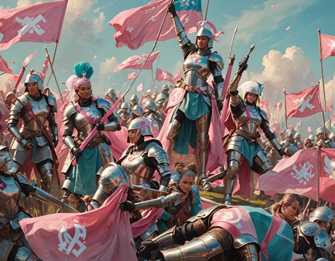 Empowering Woman Warrior with Pink Ribbon Flag