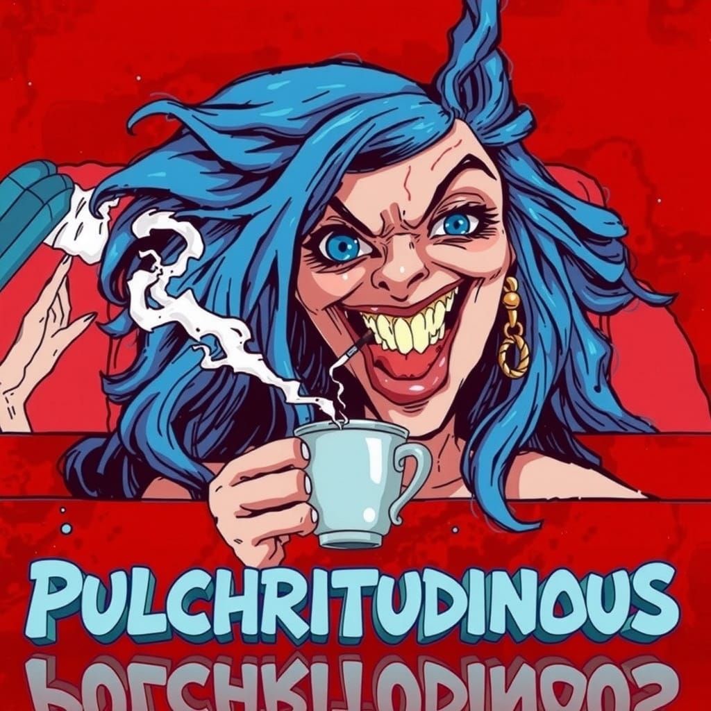 In the style of R. CRUMB, a cartoon woman with long blue hair sitting at a laptop, a cigarette clenched between her teet...