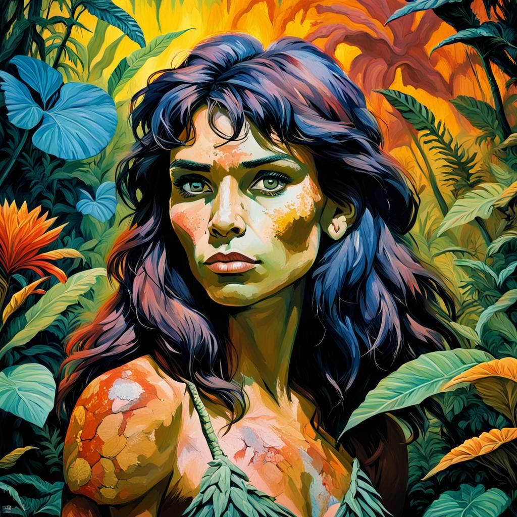 Cavewoman Portrait with Prehistoric Flora in Vivid Colors