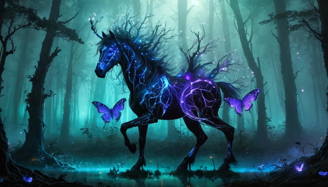 Mystical Horse in Bioluminescent Ghost Forest