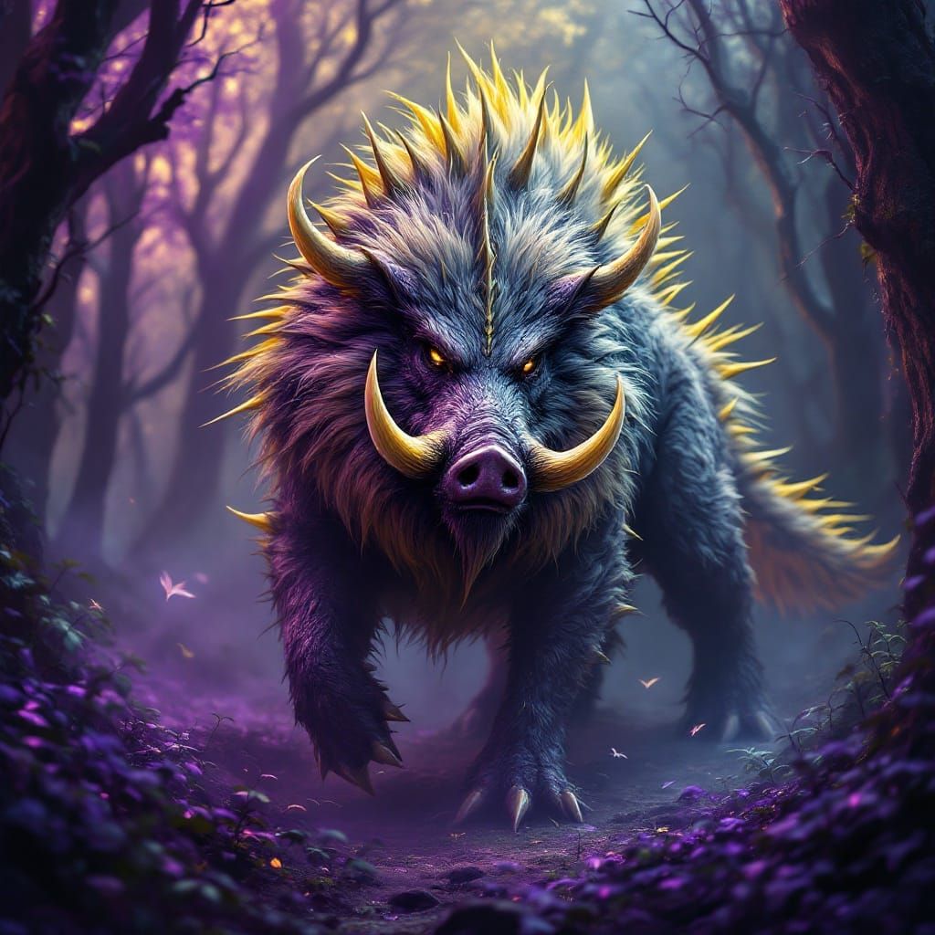 Majestic Boar Dragon Hybrid in Mystical Forest