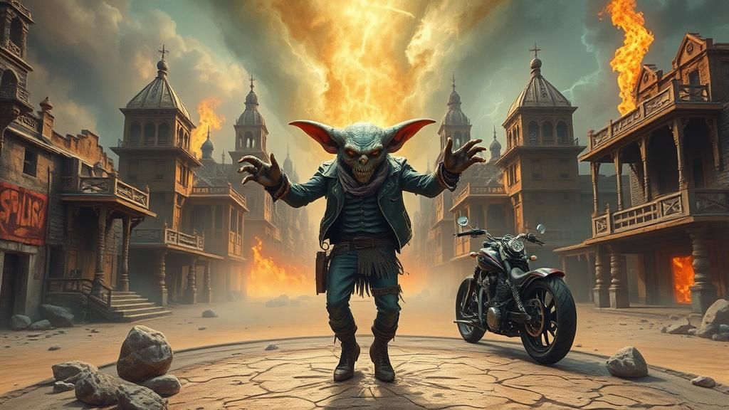 Punk Rock Goblin Cowboy in Dystopian Western Gouache Art