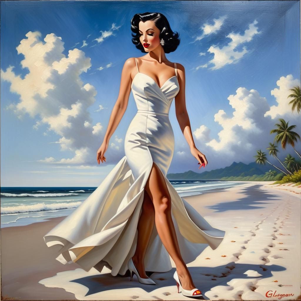 Glamorous Woman on Tropical Beach in Pin-Up Style