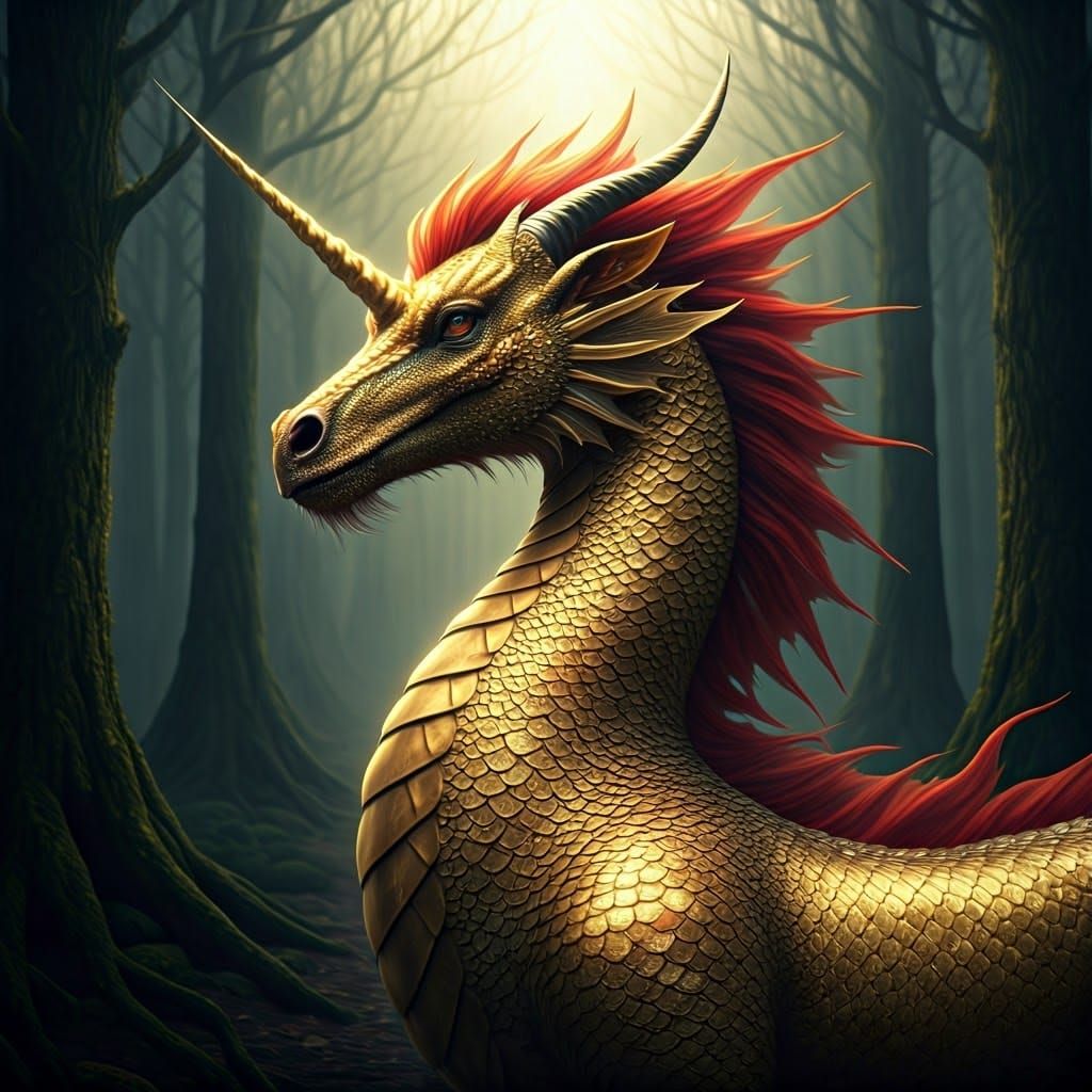 Hyperrealistic Dragon Unicorn in Golden Light