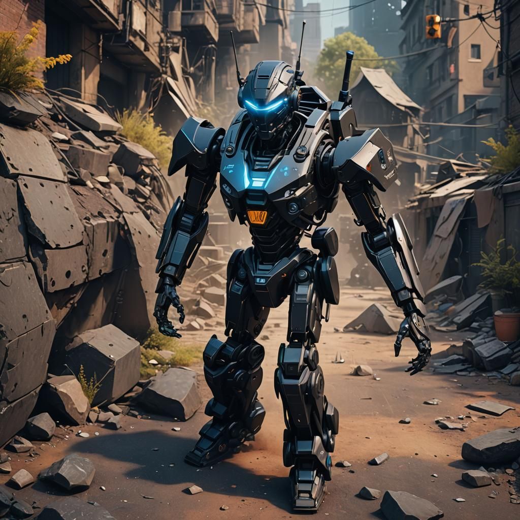 Black Tactical Police Robot with Antenna, Detailed Art