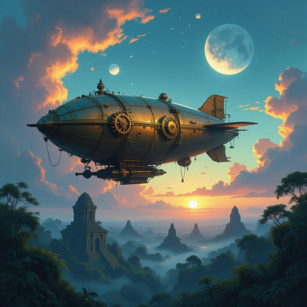 Steampunk Airship Over Alien Jungle Ruins