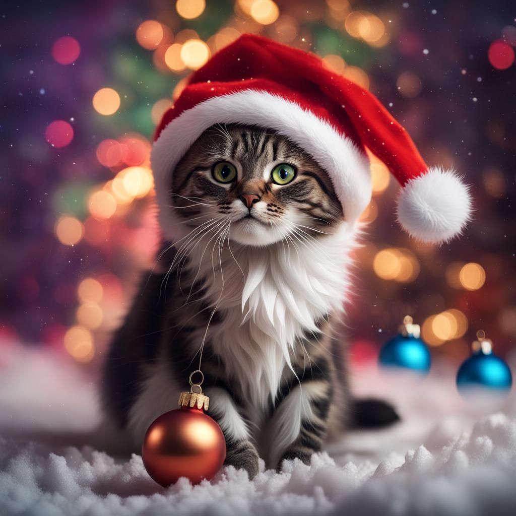 Festive Cat with Santa Hat and Ornament