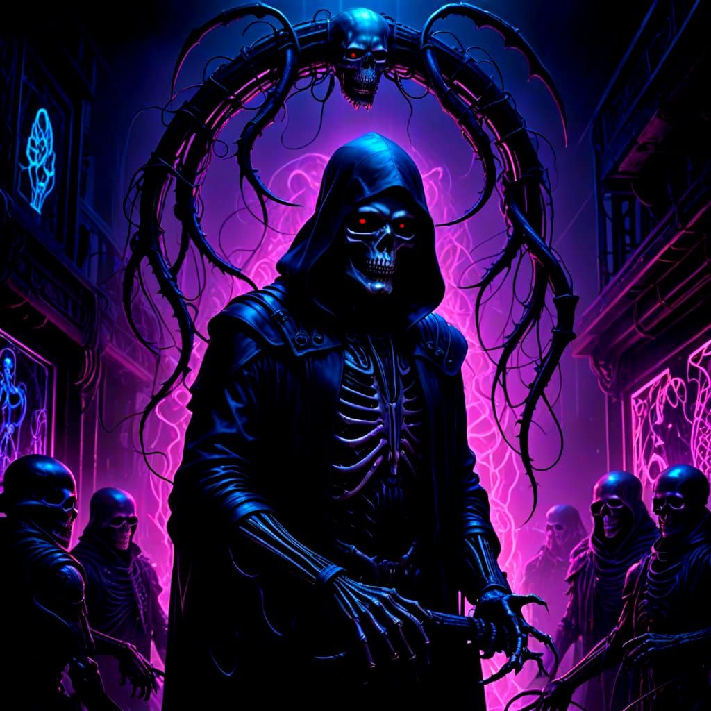Neon Biomechanical Grim Reaper in Giger Style