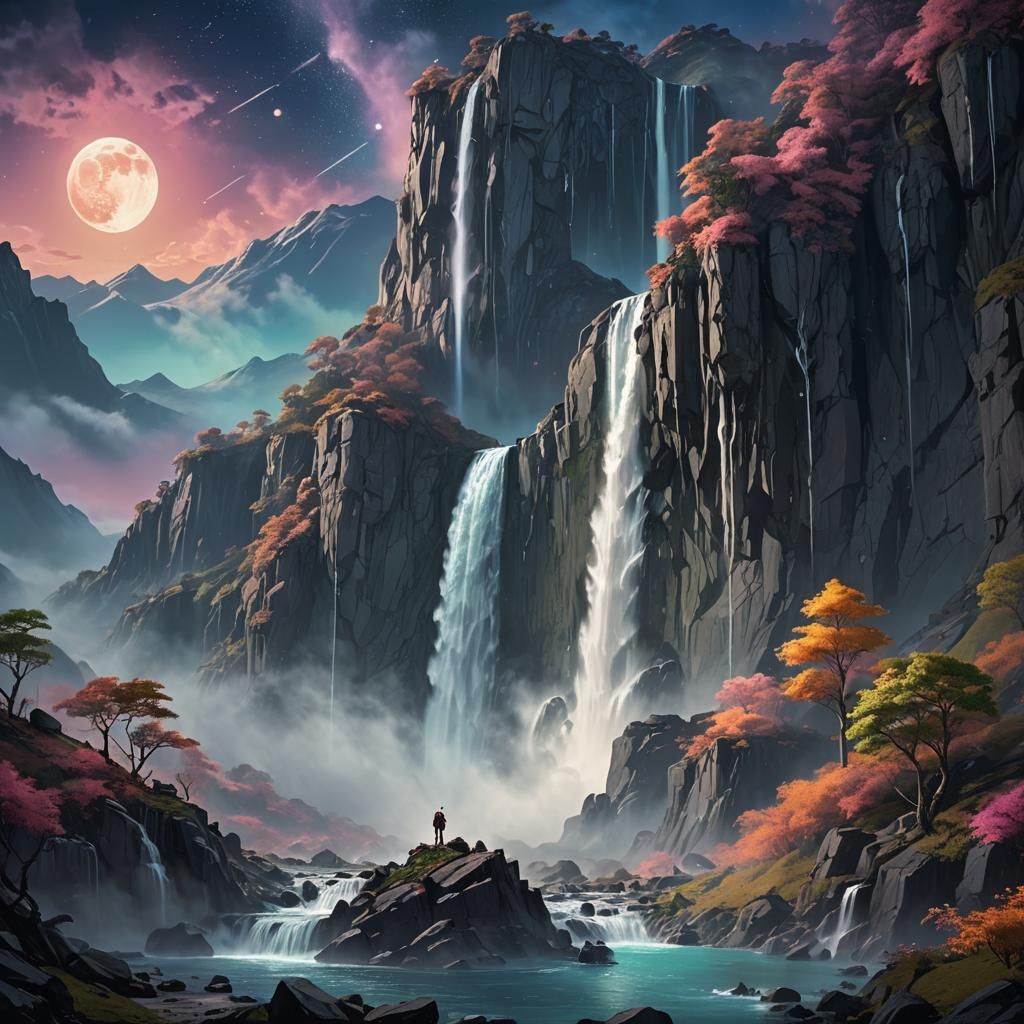 Moonlit Waterfall: Detailed 3D Anime Art