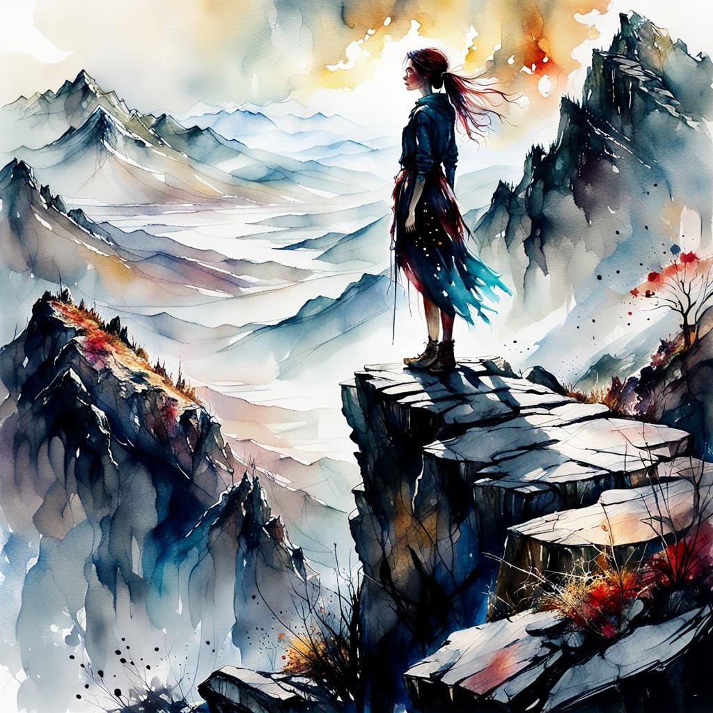 Girl on Mountain Peak in Moody Watercolor